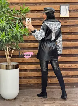 پالتو چرم ترکیبی پلنگی کد 2069  شیک و خاص درمجموعه ونوس مد