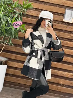 خرید اینترنتی پالتو چهارخونه کمردار کد 2082 فروشگاه ونوس مد