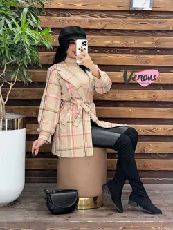 خرید اینترنتی پالتو چهارخونه کمردار کد 2082 فروشگاه ونوس مد