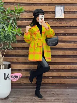 خرید اینترنتی پالتو چهارخونه کمردار کد 2082 فروشگاه ونوس مد