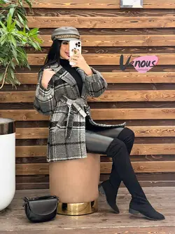 خرید اینترنتی پالتو چهارخونه کمردار کد 2082 فروشگاه ونوس مد