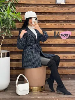 خرید اینترنتی پالتو چهارخونه کمردار کد 2082 فروشگاه ونوس مد