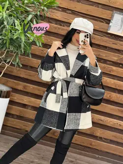 خرید اینترنتی پالتو چهارخونه کمردار کد 2082 فروشگاه ونوس مد