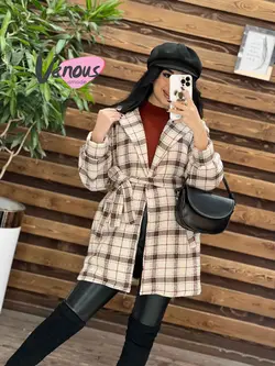 خرید اینترنتی پالتو چهارخونه کمردار کد 2082 فروشگاه ونوس مد