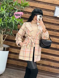 خرید اینترنتی پالتو چهارخونه کمردار کد 2082 فروشگاه ونوس مد