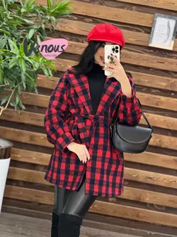 خرید اینترنتی پالتو چهارخونه کمردار کد 2082 فروشگاه ونوس مد