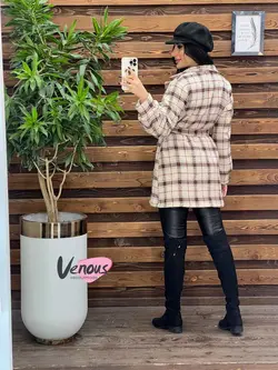 خرید اینترنتی پالتو چهارخونه کمردار کد 2082 فروشگاه ونوس مد