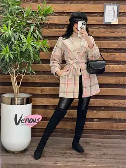 خرید اینترنتی پالتو چهارخونه کمردار کد 2082 فروشگاه ونوس مد