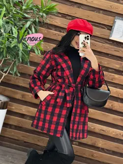 خرید اینترنتی پالتو چهارخونه کمردار کد 2082 فروشگاه ونوس مد