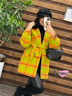 خرید اینترنتی پالتو چهارخونه کمردار کد 2082 فروشگاه ونوس مد