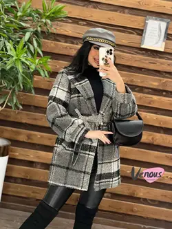 خرید اینترنتی پالتو چهارخونه کمردار کد 2082 فروشگاه ونوس مد