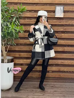 خرید اینترنتی پالتو چهارخونه کمردار کد 2082 فروشگاه ونوس مد