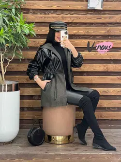 خرید اینترنتی پالتو چرم ترکیبی کمرگت کد 2111فروشگاه ونوس مد