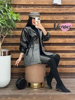 خرید اینترنتی پالتو چرم ترکیبی کمرگت کد 2111فروشگاه ونوس مد