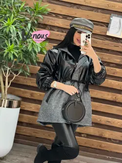 خرید اینترنتی پالتو چرم ترکیبی کمرگت کد 2111فروشگاه ونوس مد