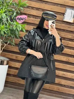 خرید اینترنتی پالتو چرم ترکیبی کمرگت کد 2111فروشگاه ونوس مد