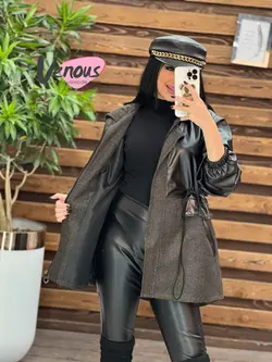 خرید اینترنتی پالتو چرم ترکیبی کمرگت کد 2111فروشگاه ونوس مد