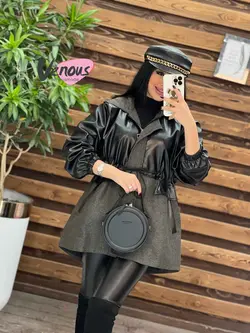 خرید اینترنتی پالتو چرم ترکیبی کمرگت کد 2111فروشگاه ونوس مد