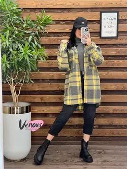 خرید اینترنتی پالتو چهارخونه کلاهدار دکمه چوبی کد 2115ونوس