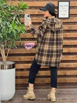 خرید اینترنتی پالتو چهارخونه کلاهدار دکمه چوبی کد 2115ونوس