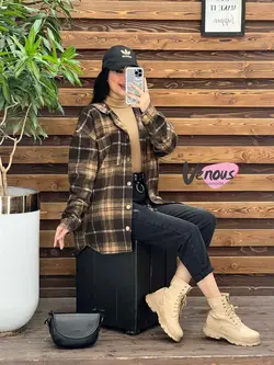 خرید اینترنتی پالتو چهارخونه کلاهدار دکمه چوبی کد 2115ونوس