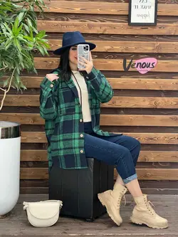 خرید اینترنتی پالتو چهارخونه کلاهدار دکمه چوبی کد 2115ونوس