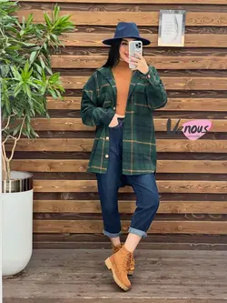 خرید اینترنتی پالتو چهارخونه کلاهدار دکمه چوبی کد 2115ونوس