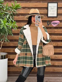 پالتو چهارخونه یقه خز کد 2121 شیک و خاص در مجموعه ونوس مد