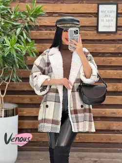 پالتو چهارخونه یقه خز کد 2121 شیک و خاص در مجموعه ونوس مد