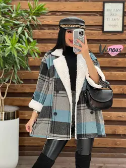 پالتو چهارخونه یقه خز کد 2121 شیک و خاص در مجموعه ونوس مد