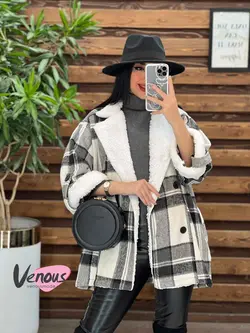 پالتو چهارخونه یقه خز کد 2121 شیک و خاص در مجموعه ونوس مد