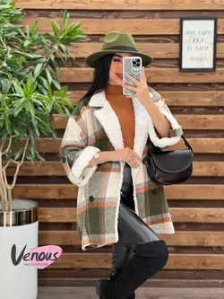 پالتو چهارخونه یقه خز کد 2121 شیک و خاص در مجموعه ونوس مد