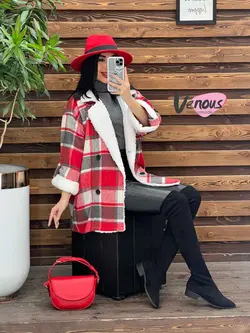 پالتو چهارخونه یقه خز کد 2121 شیک و خاص در مجموعه ونوس مد