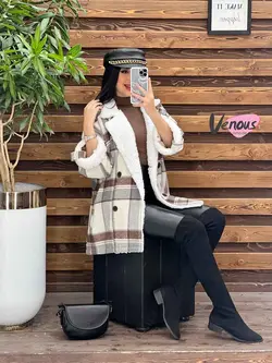 پالتو چهارخونه یقه خز کد 2121 شیک و خاص در مجموعه ونوس مد