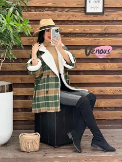 پالتو چهارخونه یقه خز کد 2121 شیک و خاص در مجموعه ونوس مد