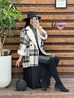 پالتو چهارخونه یقه خز کد 2121 شیک و خاص در مجموعه ونوس مد