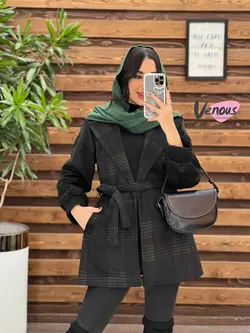 خرید اینترنتی پالتو چهارخونه کمردار کد 2148 فروشگاه ونوس مد