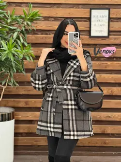 خرید اینترنتی پالتو چهارخونه کمردار کد 2148 فروشگاه ونوس مد
