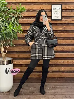 خرید اینترنتی پالتو چهارخونه کمردار کد 2148 فروشگاه ونوس مد