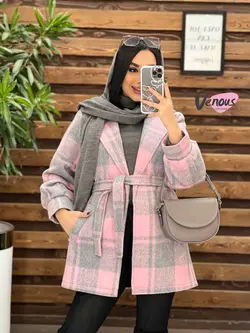 خرید اینترنتی پالتو چهارخونه کمردار کد 2175 فروشگاه ونوس مد