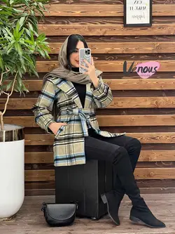 خرید اینترنتی پالتو چهارخونه کمردار کد 2175 فروشگاه ونوس مد