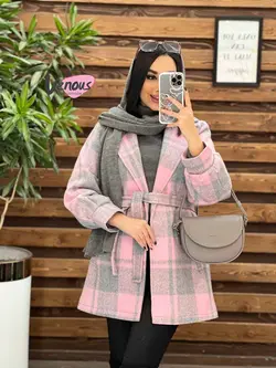 خرید اینترنتی پالتو چهارخونه کمردار کد 2175 فروشگاه ونوس مد