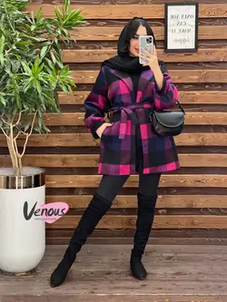 خرید اینترنتی پالتو چهارخونه کمردار کد 2175 فروشگاه ونوس مد