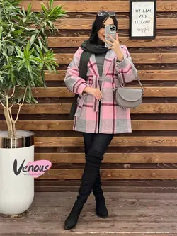 خرید اینترنتی پالتو چهارخونه کمردار کد 2175 فروشگاه ونوس مد