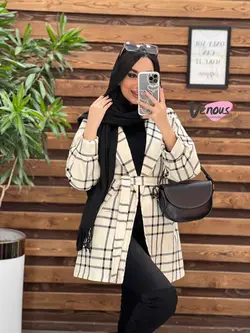 خرید اینترنتی پالتو چهارخونه کمردار کد 2175 فروشگاه ونوس مد