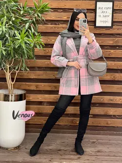 خرید اینترنتی پالتو چهارخونه کمردار کد 2175 فروشگاه ونوس مد