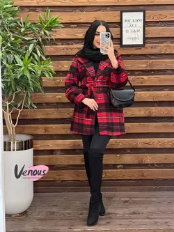 خرید اینترنتی پالتو چهارخونه کمردار کد 2175 فروشگاه ونوس مد