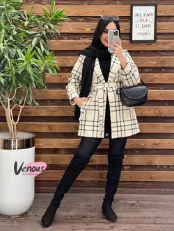 خرید اینترنتی پالتو چهارخونه کمردار کد 2175 فروشگاه ونوس مد