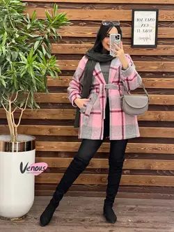 خرید اینترنتی پالتو چهارخونه کمردار کد 2175 فروشگاه ونوس مد