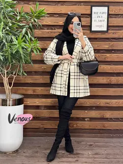 خرید اینترنتی پالتو چهارخونه کمردار کد 2175 فروشگاه ونوس مد